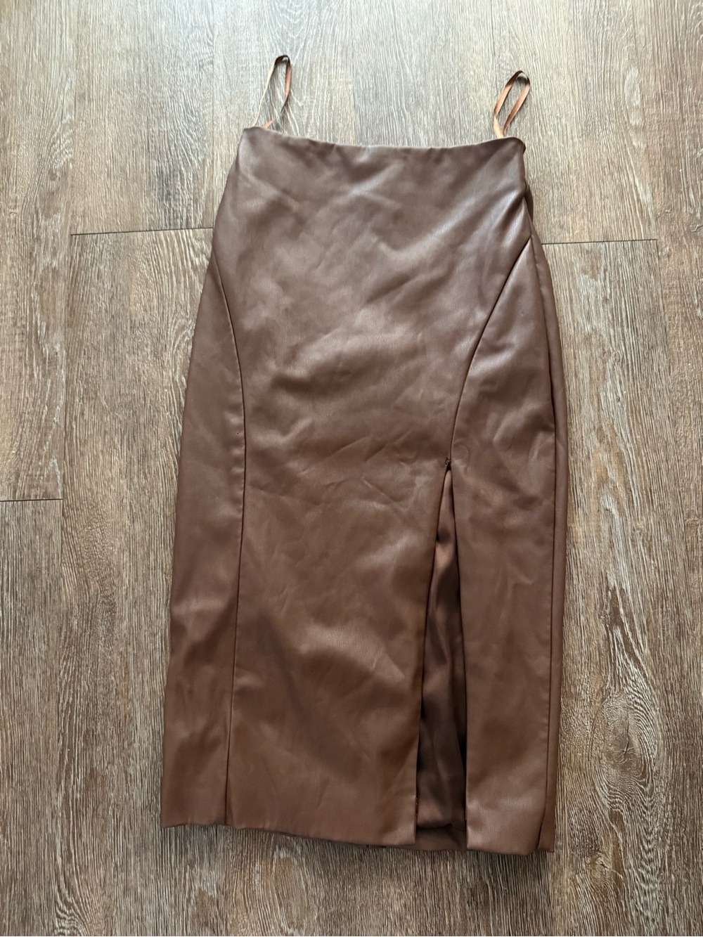 Meshki Brown Faux Leather Midi Skirt with Side Slit
